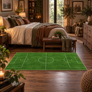 Minimal Green Soccer Field Area Rug styled in a main bedroom
