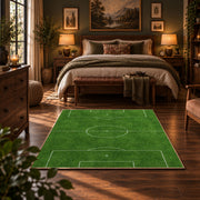 Minimal Green Soccer Field Area Rug styled in a bedroom corner