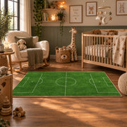 Minimal Green Soccer Field Area Rug styled in a nursery room