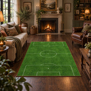 Minimal Green Soccer Field Area Rug styled in a living room