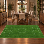 Minimal Green Soccer Field Area Rug styled in a dining room
