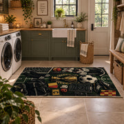 Vintage Football Trophy Blueprint Area Rug styled in a modern laundry room