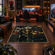 Vintage Football Trophy Blueprint Area Rug styled in a gaming room