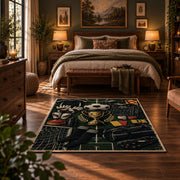 Vintage Football Trophy Blueprint Area Rug styled in a bedroom corner