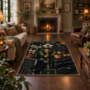 Vintage Football Trophy Blueprint Area Rug styled in a living room
