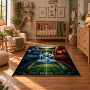 Fire and Ice Soccer Field Area Rug styled in a cozy nursery
