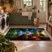 Fire and Ice Soccer Field Area Rug styled in a modern laundry room