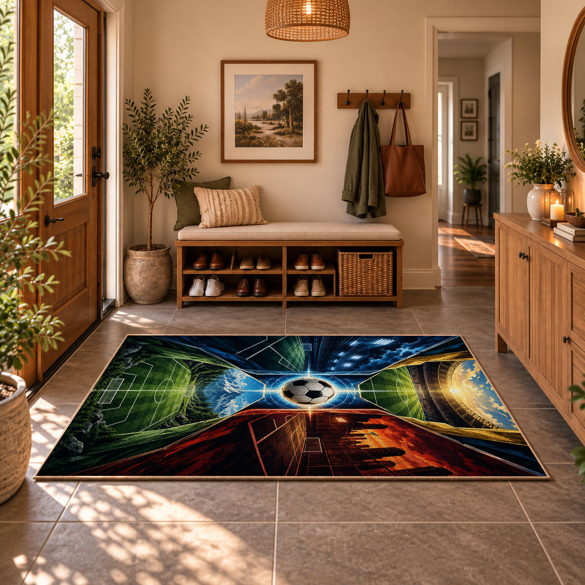 Fire and Ice Soccer Field Area Rug styled in a welcoming entryway