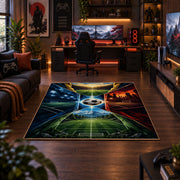 Fire and Ice Soccer Field Area Rug styled in a gaming room