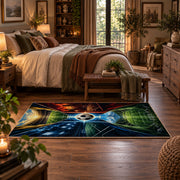 Fire and Ice Soccer Field Area Rug styled in a main bedroom