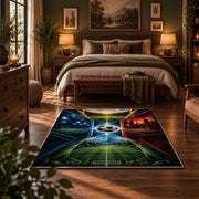 Fire and Ice Soccer Field Area Rug styled in a bedroom corner