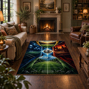 Fire and Ice Soccer Field Area Rug styled in a living room