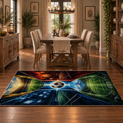 Fire and Ice Soccer Field Area Rug styled in a dining room