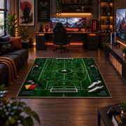 Digital Football Tactics Board Area Rug styled in a gaming room