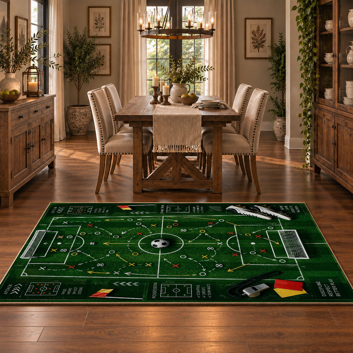 Digital Football Tactics Board Area Rug styled in a dining room