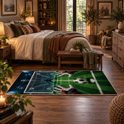 Soccer Stadium Match Day Area Rug styled in a main bedroom