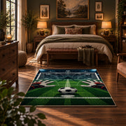 Soccer Stadium Match Day Area Rug styled in a bedroom corner