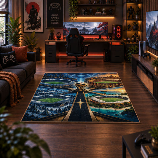 Champions Road Soccer Stadium Area Rug styled in a gaming room