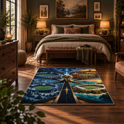 Champions Road Soccer Stadium Area Rug styled in a bedroom corner