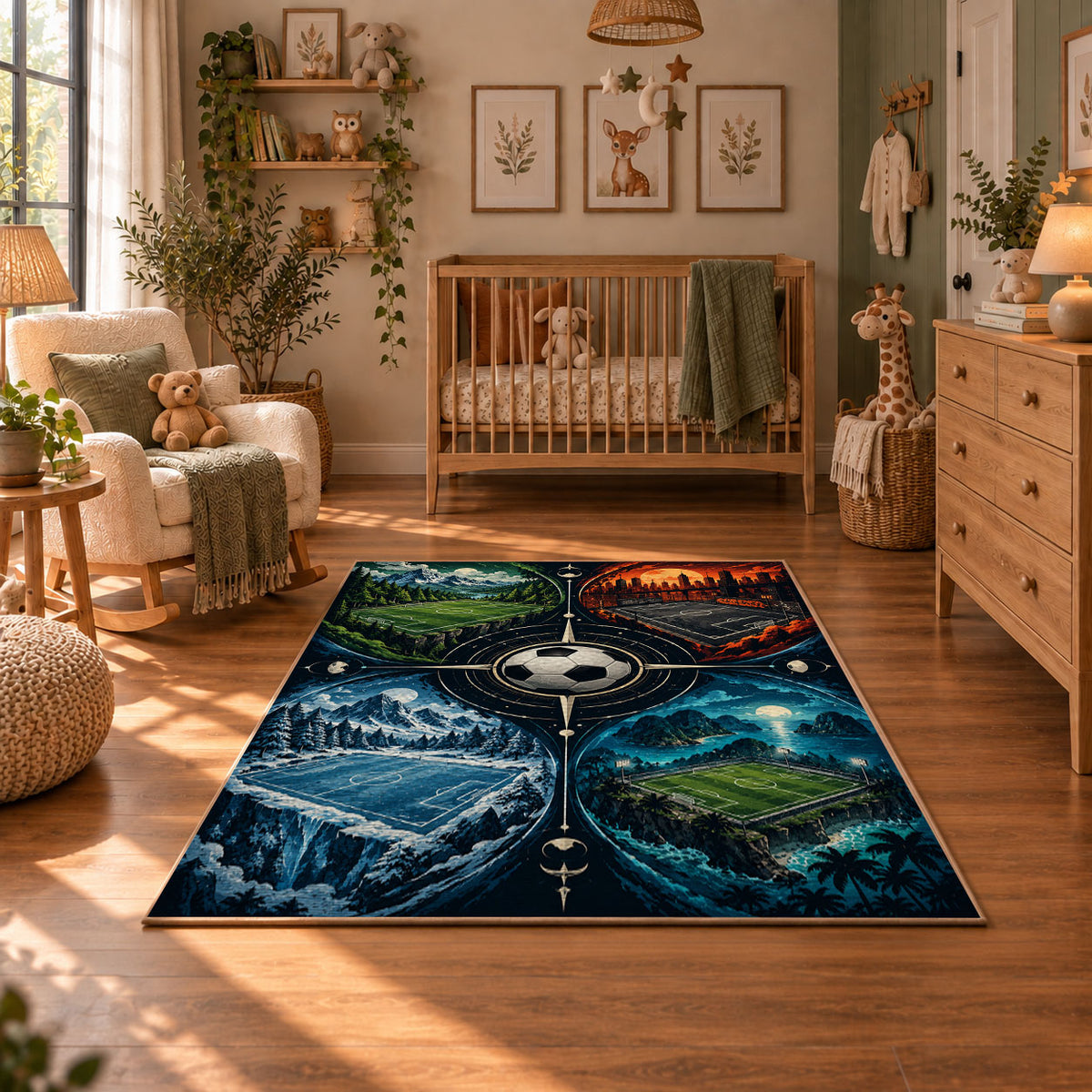 Split Seasons Football Ball Area Rug styled in a cozy nursery