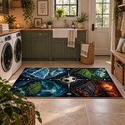 Split Seasons Football Ball Area Rug styled in a modern laundry room