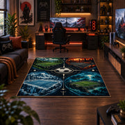 Split Seasons Football Ball Area Rug styled in a gaming room