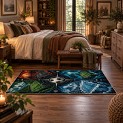 Split Seasons Football Ball Area Rug styled in a main bedroom