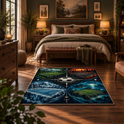 Split Seasons Football Ball Area Rug styled in a bedroom corner