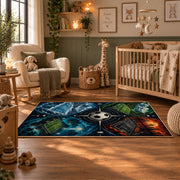Split Seasons Football Ball Area Rug styled in a nursery room
