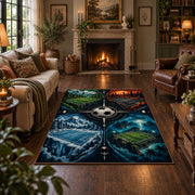 Split Seasons Football Ball Area Rug styled in a living room