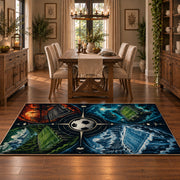 Split Seasons Football Ball Area Rug styled in a dining room