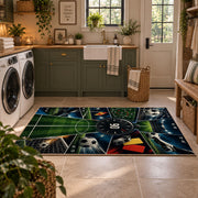 Gaming Soccer Pitch Controller Area Rug styled in a modern laundry room