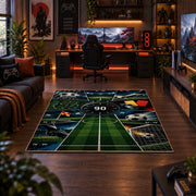 Gaming Soccer Pitch Controller Area Rug styled in a gaming room