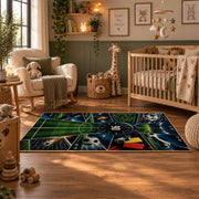 Gaming Soccer Pitch Controller Area Rug styled in a nursery room