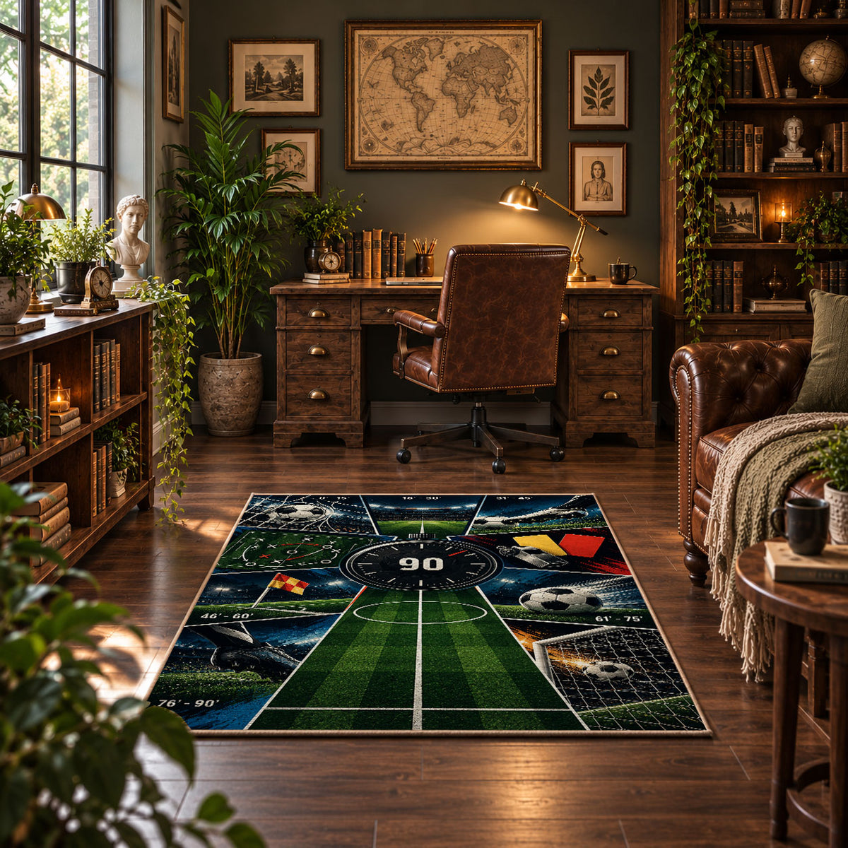 Gaming Soccer Pitch Controller Area Rug styled in a home office