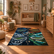Compass Stadium Football Area Rug styled in a cozy nursery