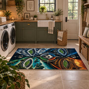 Compass Stadium Football Area Rug styled in a modern laundry room