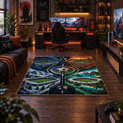Compass Stadium Football Area Rug styled in a gaming room