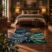 Compass Stadium Football Area Rug styled in a bedroom corner