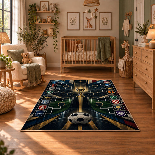 Tactical Championship Football Area Rug styled in a cozy nursery