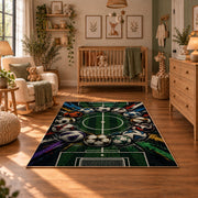 Stadium Goal Soccer Ball Area Rug styled in a cozy nursery
