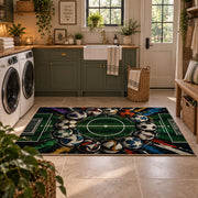 Stadium Goal Soccer Ball Area Rug styled in a modern laundry room