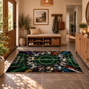 Stadium Goal Soccer Ball Area Rug styled in a welcoming entryway