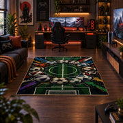 Stadium Goal Soccer Ball Area Rug styled in a gaming room