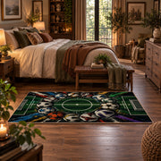 Stadium Goal Soccer Ball Area Rug styled in a main bedroom