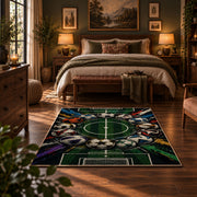 Stadium Goal Soccer Ball Area Rug styled in a bedroom corner