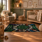 Stadium Goal Soccer Ball Area Rug styled in a nursery room