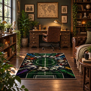 Stadium Goal Soccer Ball Area Rug styled in a home office