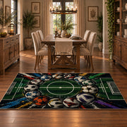 Stadium Goal Soccer Ball Area Rug styled in a dining room