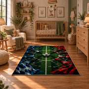 Red and Blue Midfield Football Area Rug styled in a cozy nursery